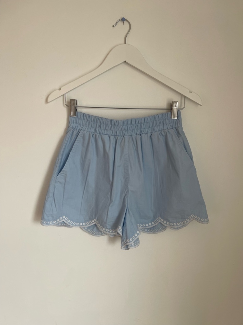 Light Blue cotton Scalloped Hem Women's Shorts